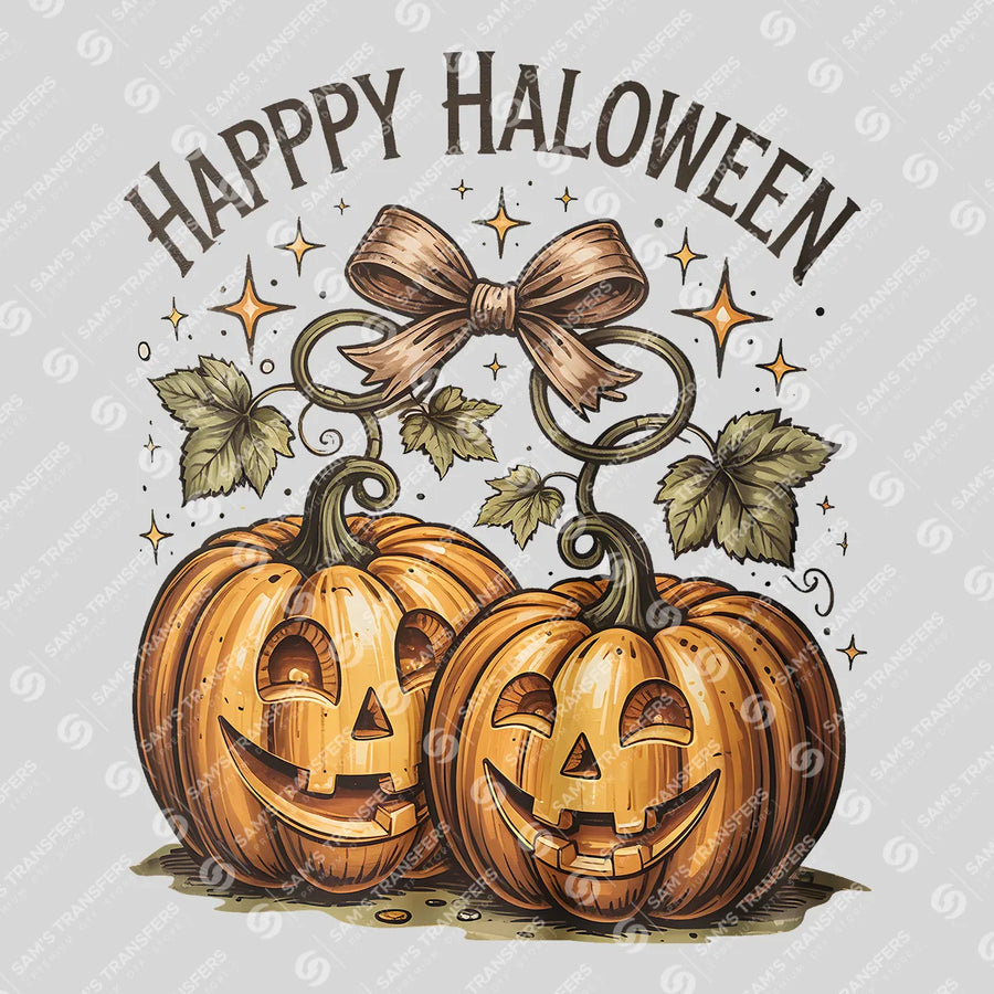 Happy Halloween Pumpkins DTF Transfer – Vintage Jack-O’-Lanterns with Bow