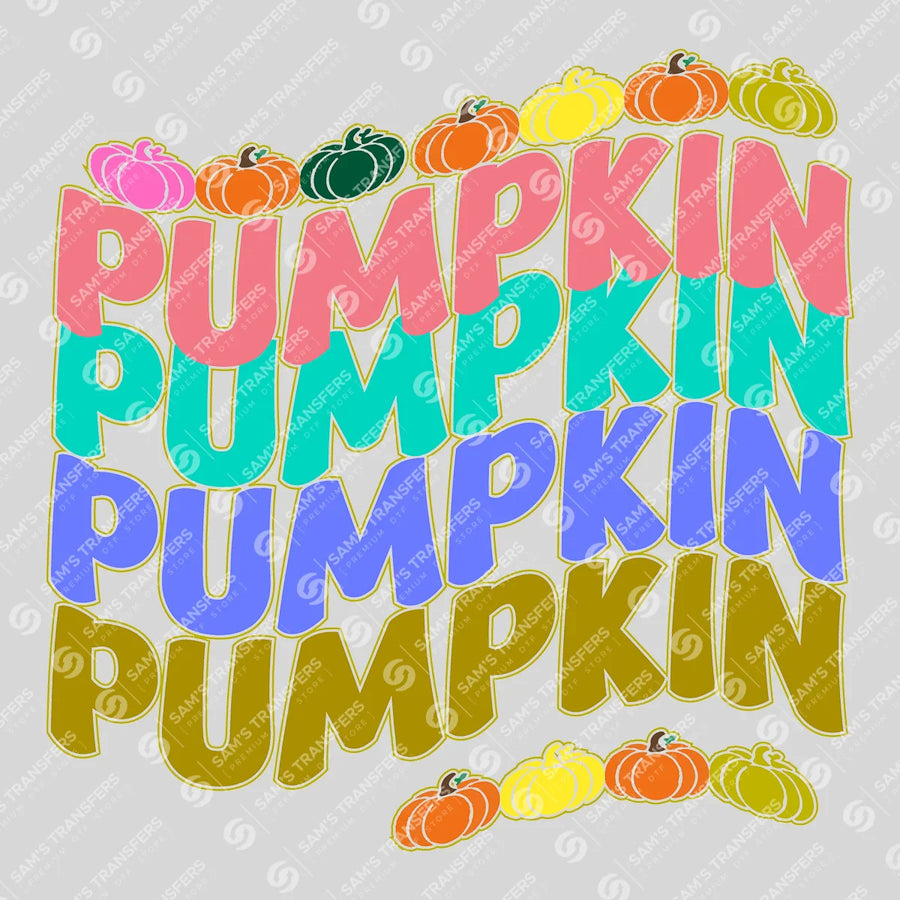 Pumpkin Repeated Text DTF Transfer – Colorful Fall Typography Design