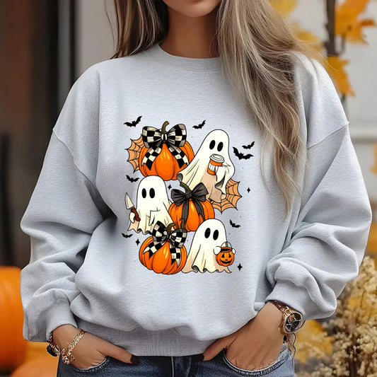 Grey sweatshirt with adorable Halloween design featuring cute ghosts, pumpkins, bows, and bats, ideal for cozy fall outfits.