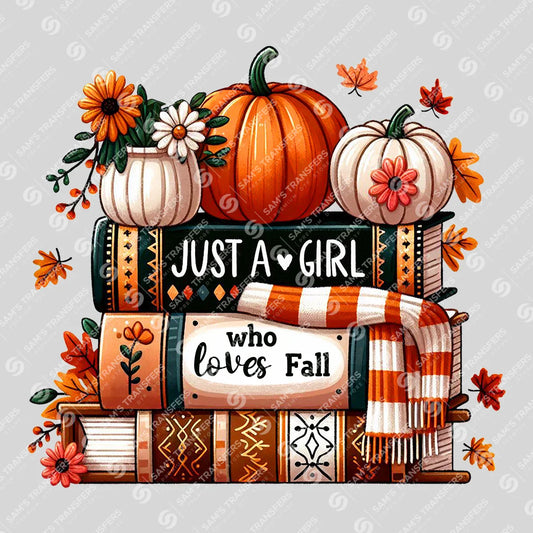 Just a Girl Who Loves Fall – Pumpkin Books & Scarf Autumn DTF Transfer