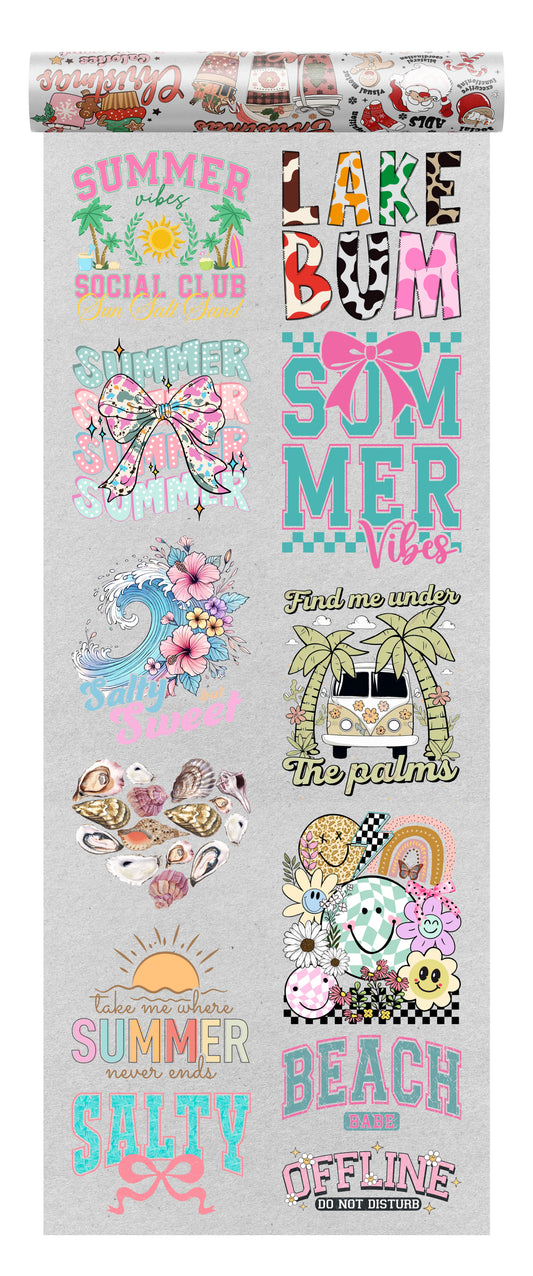 Summer DTF Transfer Bundle featuring 12 colorful ready-to-press beach-themed designs, including sunsets, seashells, rainbows, palm trees, and fun summer sayings.
