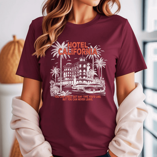 Hotel California Summer DTF Transfer - Maroon T-Shirt Design - Sam's DTF Transfers