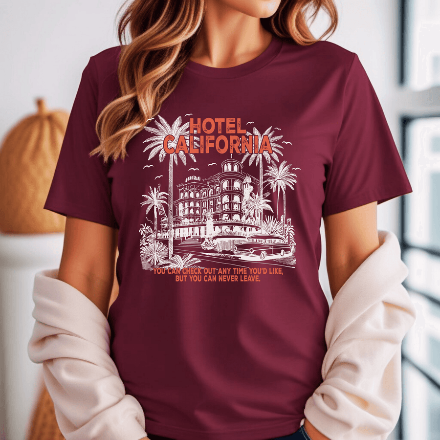 Hotel California Summer DTF Transfer - Maroon T-Shirt Design