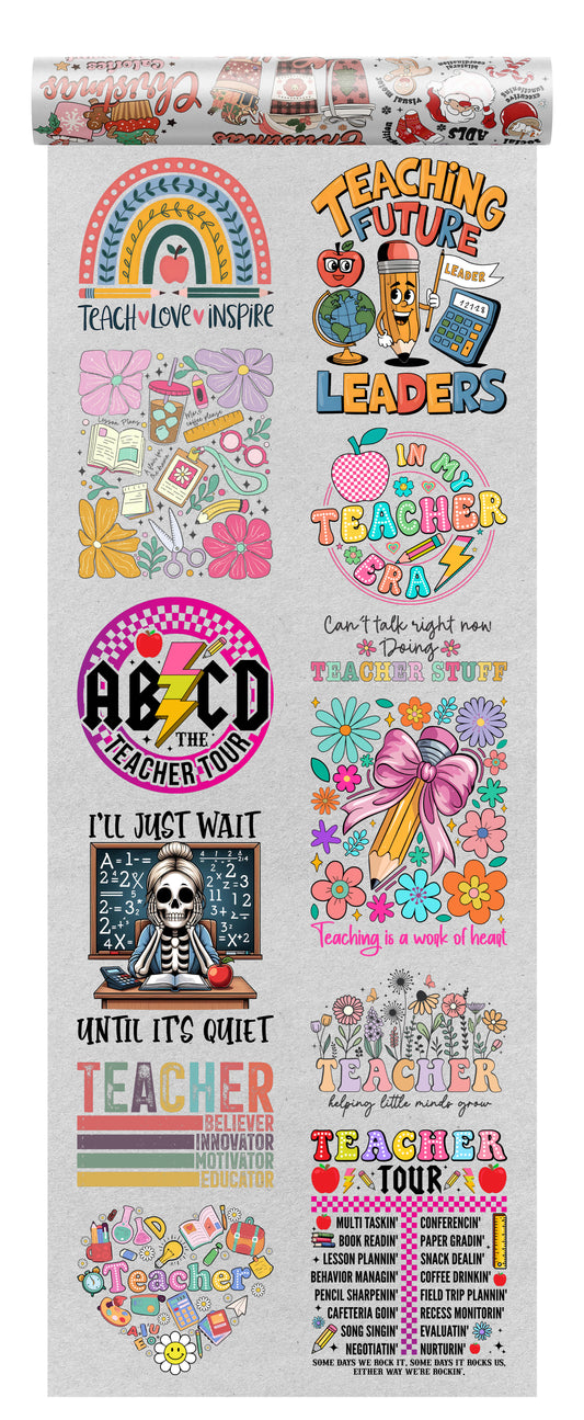 Teacher DTF Transfer Bundle featuring 12 colorful education-themed designs, including teaching quotes, pencils, rainbows, florals, and classroom icons.