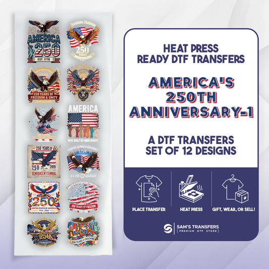 Set of 12 America's 250th Anniversary DTF transfers with packaging on a white background