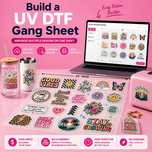 UV DTF gang sheet builder with multiple custom sticker designs arranged on one sheet for bulk decal printing