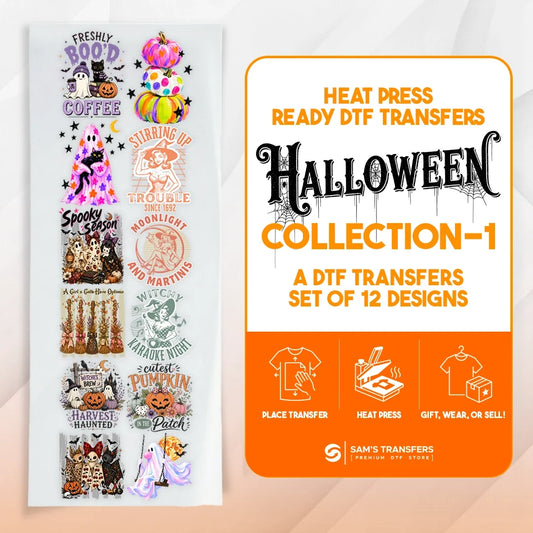 Halloween DTF transfer bundle featuring 12 ready-to-press witchy & spooky season designs.