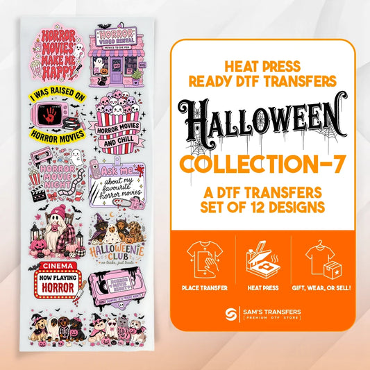 Halloween DTF transfer bundle featuring 12 ready-to-press horror movie & retro cinema designs.