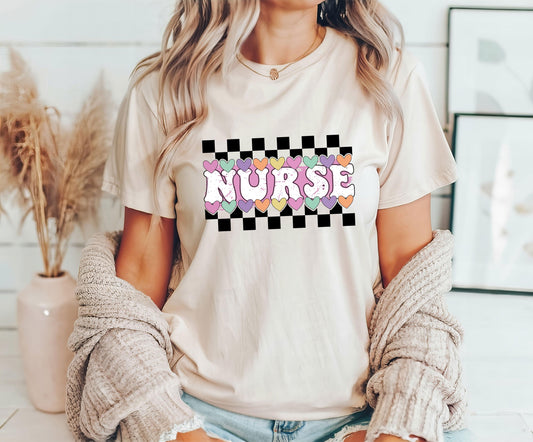 Checkered Candy Heart Nurse-Themed Ready-to-Press DTF Transfer - Sam's DTF Transfers