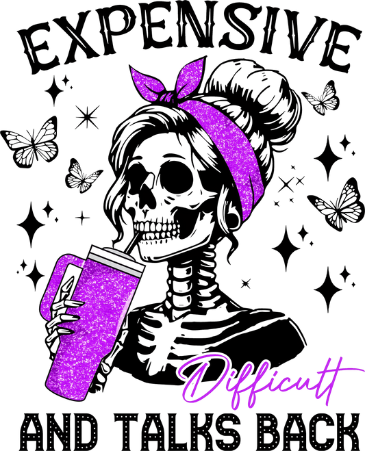 Expensive, Difficult, and Talks Back – Purple Glitter Skull DTF Transfer - Sam's DTF Transfers