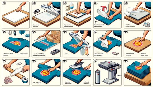 A visual guide showcasing the process of applying a DTF transfer using a heat press. 