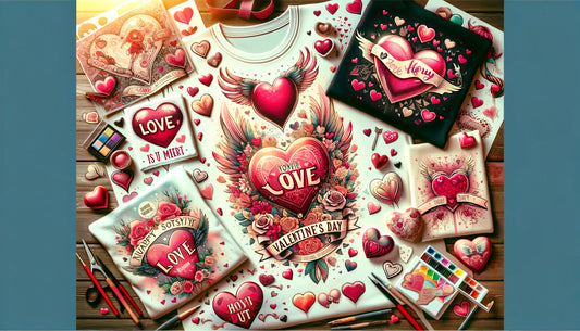 Festive Valentine's Day themed image displaying custom-printed apparel with heart designs and love messages, set against a background of hearts and Cupid's arrows.