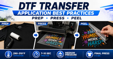 DTF transfer application best practices showing garment preparation, heat press settings, peeling technique, and final press steps for professional custom apparel results.