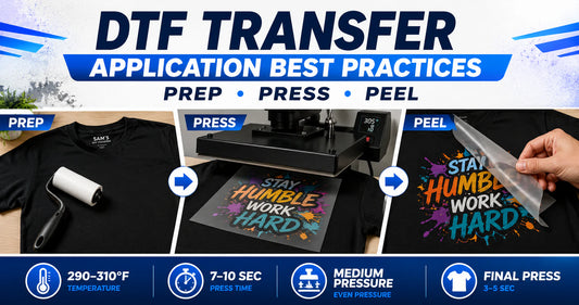 DTF transfer application best practices showing garment preparation, heat press settings, peeling technique, and final press steps for professional custom apparel results.