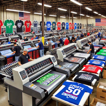 A bustling print shop in Dallas, Texas, busy with several workers operating advanced Direct to Film (DTF) printing machines. 