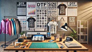 DTF (Direct to Film) transfer size guide and chart for shirts, hoodies, hats, and more