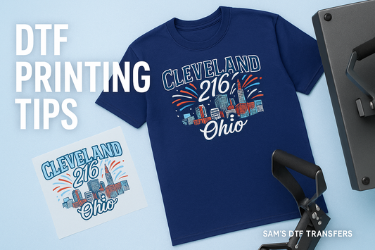 DTF printing tips with a vibrant ready-to-press transfer beside a heat press at Sam’s DTF Transfers