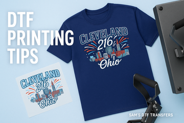 DTF printing tips with a vibrant ready-to-press transfer beside a heat press at Sam’s DTF Transfers