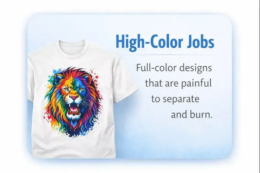 Professional DTF transfers for screen printers being applied to a cotton garment with a heat press.