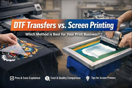 Comparison of DTF transfers and traditional screen printing process for custom apparel business.