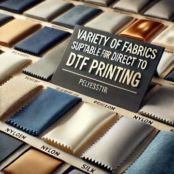 A close-up image showing a variety of fabrics suitable for Direct to Film (DTF) printing. 