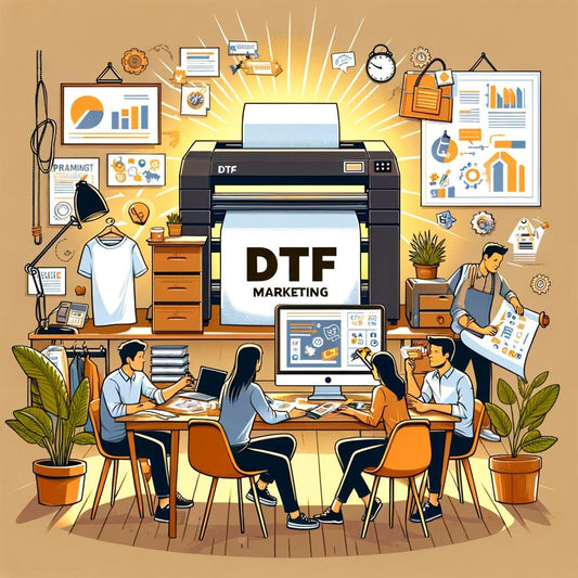 Image showing a small business team brainstorming DTF marketing strategies around a DTF printer, in a cozy, creative setting by Sam's DTF Transfers.