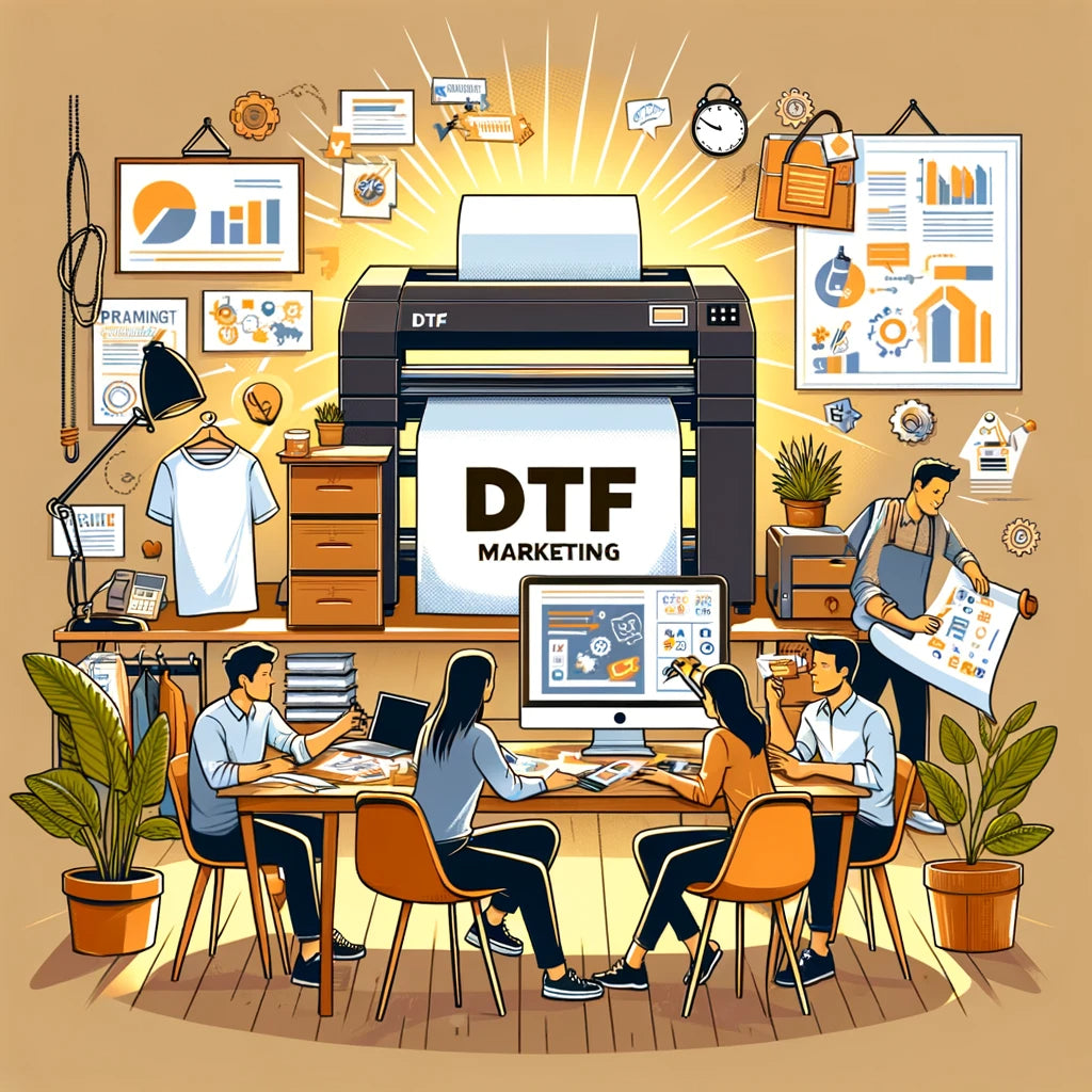 Image showing a small business team brainstorming DTF marketing strategies around a DTF printer, in a cozy, creative setting by Sam's DTF Transfers.