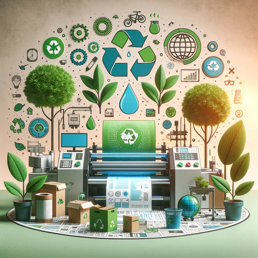 Image of an eco-friendly DTF printing setup with water-based inks and energy-efficient equipment, surrounded by green plants and sustainability symbols.