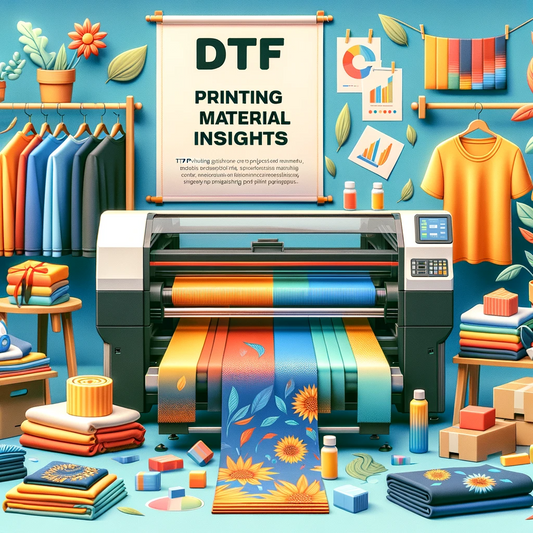 Image displaying various fabrics suitable for DTF printing, including polyester and performance fabrics, alongside a DTF printer producing vibrant prints, emphasizing the compatibility of these materials with the printing process.