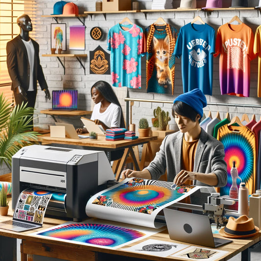 A vibrant small business scene with a person of Asian descent operating a DTF printer and another of African descent showcasing custom-printed apparel or working on a laptop, emphasizing the versatility and business potential of DTF transfers.