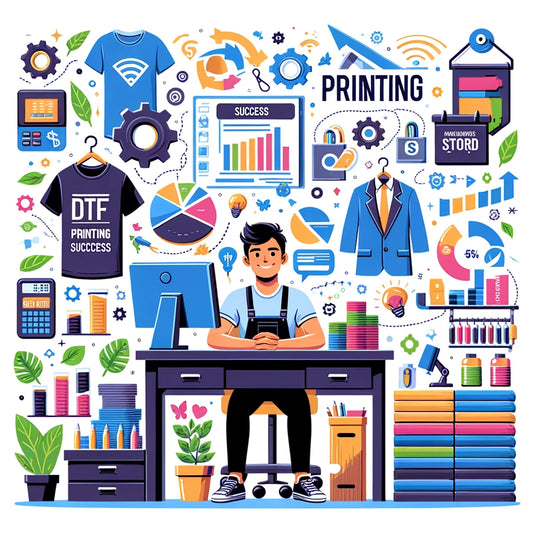 Image of a content business owner in a workshop, surrounded by vibrant DTF printed apparel and accessories, with a simple background emphasizing the success and innovation of DTF printing technology by Sam's dTf Transfers.