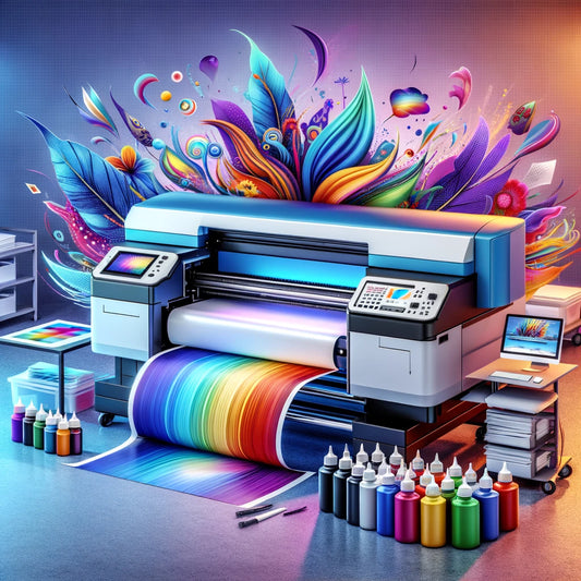 Image of a DTF transfer printer in a print shop, printing a colorful design. Surrounding it are vibrant inks and vivid print samples, highlighting the efficiency and quality of DTF printing by sam's dTf Transfers.