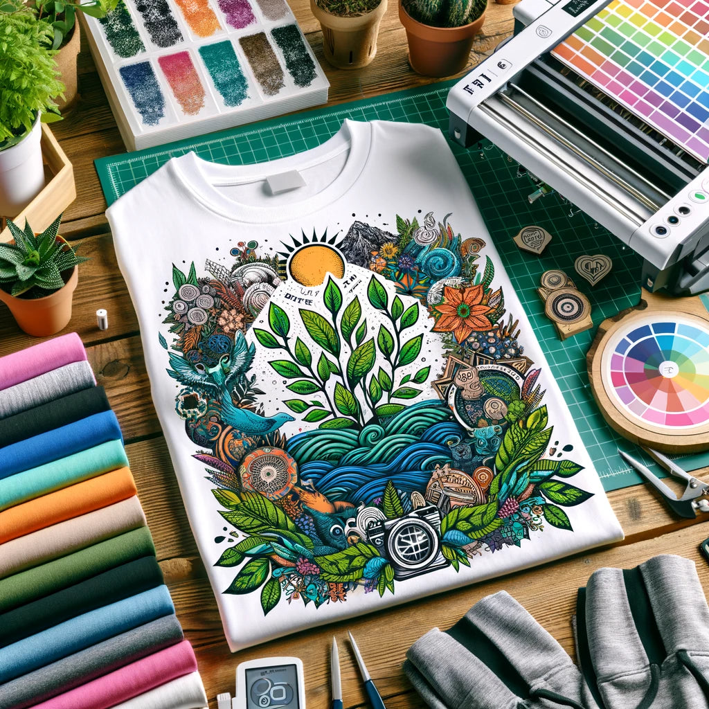 Vibrant custom DTF print on a T-shirt with a nature-inspired design, displayed among eco-friendly printing materials, symbolizing high-quality, durable, and sustainable apparel.