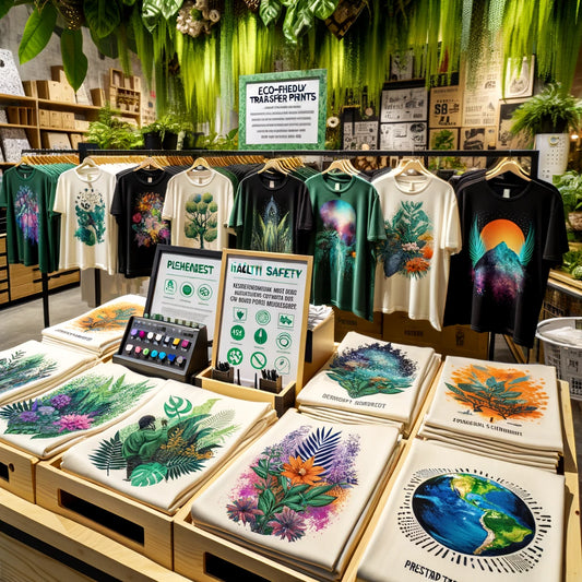 Assortment of eco-friendly DTF printed T-shirts and bags on display, featuring vibrant plant and nature designs, showcased in an environmentally-themed retail setting.