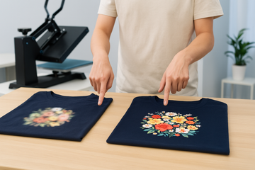 Person comparing blurry and sharp DTF prints on t-shirts, illustrating common DTF printing mistakes