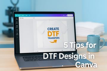 Designer creating DTF t-shirt artwork in Canva on a laptop screen, with mockup of a printed shirt