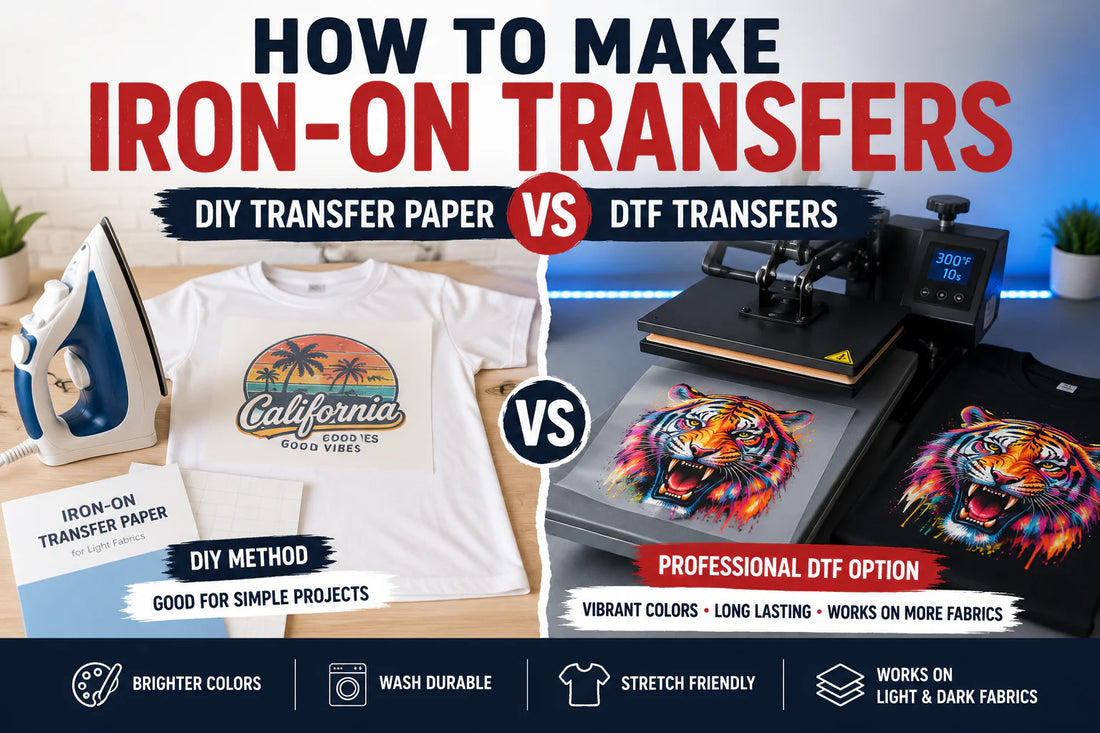 Featured image showing DIY iron-on transfer paper compared with professional DTF transfers for custom t-shirts, including an iron, heat press, colorful transfer film, and finished apparel.