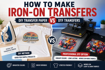Featured image showing DIY iron-on transfer paper compared with professional DTF transfers for custom t-shirts, including an iron, heat press, colorful transfer film, and finished apparel.