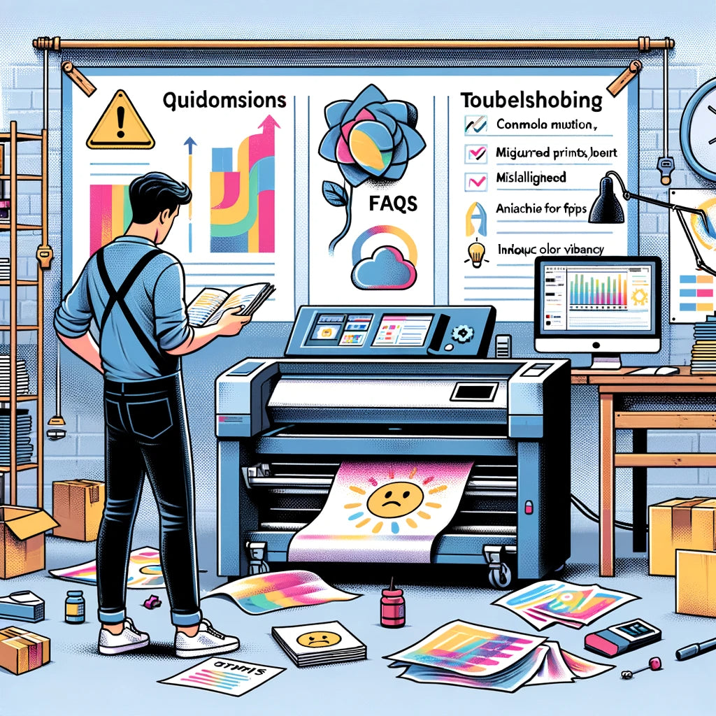 Image of a DTF printer with fabric printing errors and a person consulting a guidebook or laptop for FAQs and troubleshooting tips in a workshop setting Sam's DTF Transfers.