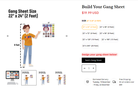 Sam's DTF Transfers gang sheet builder and sizes