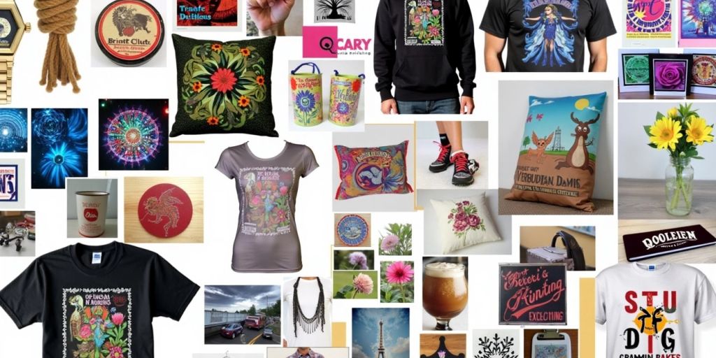 Collage of DTF printed products in various industries.