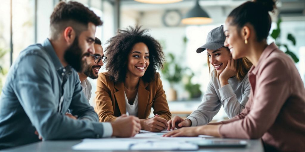 Group of professionals discussing sales strategies at a table.