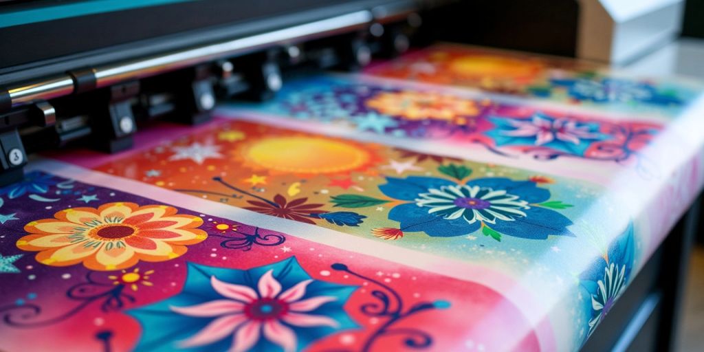 Colorful DTF transfer printing setup with vibrant designs.