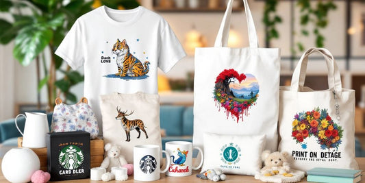 Colorful custom products like shirts and mugs.