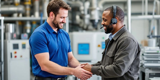 Technician assisting client in heat transfer facility.