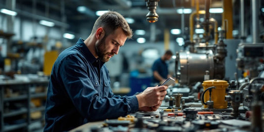 Technician troubleshooting heat transfer equipment in a workshop.