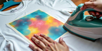 Hands placing iron-on transfer on t-shirt