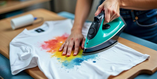 Manos planchando un diseño en una camiseta.