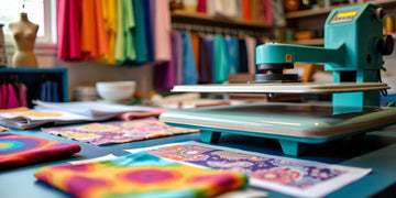 Colorful fabric swatches and heat press machine