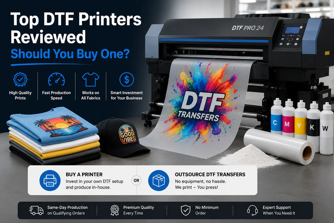 Top DTF printers reviewed banner showing a DTF printer, colorful DTF transfers, apparel samples, and outsourcing option from Sam’s DTF Transfers.